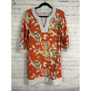 Jude Connally Nancy Dress Small Orange Dragon Print V Neck 3/4 Split Sleeve
